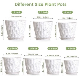 Meowell 7/6.5/6/5.5/5/4.5/4 inch Plant Pots for Indoor Outdoor Plants, 7 Pack Thick Flower Pots with Drainage Holes and Saucers, Modern Wave Texture Plastic Planters Nursery Pots, Speckled White