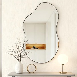 SHYFOY Irregular Decorative Wall Mirror, 20"x36" Black Asymmetrical Mirrors with Metal Frame for Wall Decor, Wavy Wall Mirror for Living Room Abstract Mirror