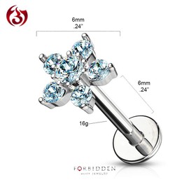 Forbidden Body Jewelry 16g 6mm Internally Threaded Cartilage/Tragus/Labret/Monroe Stud w/Double Tier Floral Top, Aqua/Clear