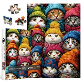Winter Cat Puzzles for Adults 1000 Pieces, Funny Kitten Jigsaw Puzzles, Fantasy Hat Kitty Animal Puzzle as Home Decor