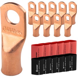 SELTERM 10pcs - 1/0 Awg - 3/8" Stud - Battery Lugs - Ring Terminal Connectors | with 12pcs 3:1 Black & Red Heat Shrink Tubing with Adhesive | Heavy Duty Battery Cable Ends - Bare Copper Wire Lugs Kit