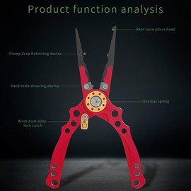 Aluminum Fishing Pliers Saltwater, Surf Fishing Tackle Kit, Fishing Multitool Hook Remover Braided Fishing Line Cutting and Split Ring with Coiled Lanyard and Sheath (Red)