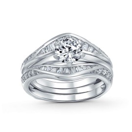 1.5 CT Cubic Zirconia Enhancer Guard Inset Round Solitaire AAA CZ Baguette Band Inset Anniversary Statement Engagement Ring Wedding Set .925 Sterling Silver