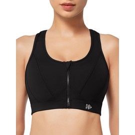 Yvette Zip Front Sports Bra - High Impact Sports Bras for Women Plus Size Workout Fitness Running,Black,XL