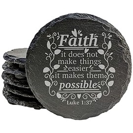 Faith and Hope: Laser Etched Scripture Coasters | Laser Engraved Luke 1:37 "Faith Makes It Possible" | Religious Home Decor - Round Slate - set of 5