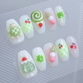 Green tea-eaten turtle handmade nail tip - Petit round / 녹차먹은꼬북 수제네일팁 - 쁘띠라운드