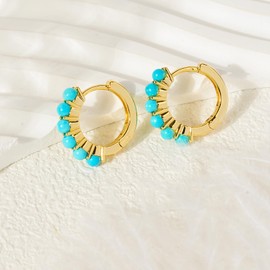 TaYolnFaSo Turquoise Beaded Hoop Earrings for Women 14k Real Gold-Plated Round Natural Stone Hoop Huggie Earring Turquoise Jewelry Birthday Gift for Wife Mother Daughter