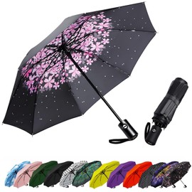 SIEPASA Compact Travel Umbrella - Windproof Auto Open/Close, Small Folding Umbrella for Rain & Sun with UPF50+ - Lightweight Frame, Waterproof - Fits Backpack, Purse, Suitcase.(Pink Cherry Bossom)