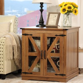 Beroxii Farmhouse End Table, 24" Large End Tables with Storage, Rustic Square Sofa Beside Table with Glass Barn Door, Wood Side Table Square Nightstand for Living Room, Bedroom, Office (Vintage Brown)