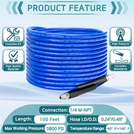 100 Ft Flexible Sewer Jetter Kit for Pressure Washer, 5800psi Drain Cleaner Hose with 1/4 Inch Npt Corner Rotating and 4 Button Nose Sewer Jetting Nozzle Spanner Watertight Tape Pearl Corsage Pin