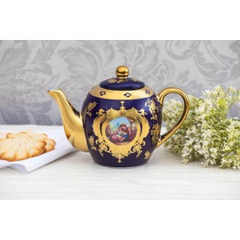 Royalty Porcelain Vintage Teapot - Gorgeous Ceramic Tea Pot 30 oz - Luxurious Cobalt Blue and Gold Design - For Everyday or Formal Occasions, Tea Party Set, Decor, Tea Maker and Kitchen Set