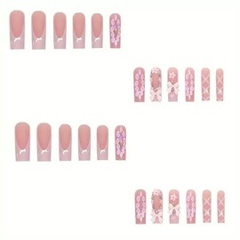 RUOKEXIN Pink Press on Nails Long Fake Nails Square False Nails with Flower Designs French Tip Nail Press ons Full Cover Glue on Nails Sparkly Artificial Nails Cute Stick on Nails for Women 24Pcs