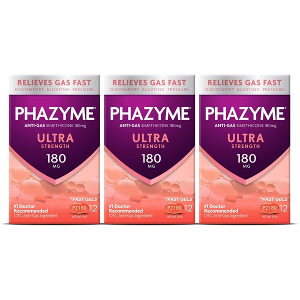 Phazyme Ultra Strength Gas & Bloating Relief, Works in Minutes, 12 Fast Gels, 3 Pack