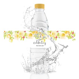 URROMA Yellow Flower Wedding Water Bottle Labels, 50Pcs Glossy Waterproof Wrappers Wraparound Label Thank You Stickers for Bridal Shower Birthday