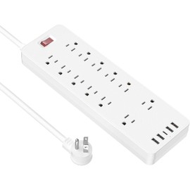 Power Bar, HITRENDS 6ft Extension Cord Power Strip with 12 Outlets and 4 USB Ports (5V/2.4A) & 1 USB-C Port (5V/3A), 1875W/15A, Flat Plug, Surge Protector Spaced Outlets for Home Office