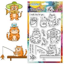 CHGCRAFT Funny Cat Fishing Clear Stamp Cute Cat Bucket Transparent Craft Stamp for DIY Scrapbooking Photo Album Decorative, 6.3 x 4.3 Inches