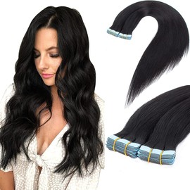 Amella Hair Tape in Hair Extensions Off Black Color Tape in Human Hair Extensions 14 inch Silky Straight Seamless Skin Weft Real Human Hair 40-45g/20pcs