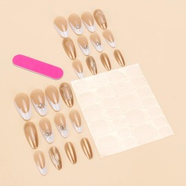 LPOODDNU Almond Press on Nails Medium Golden Fake Nails White French Tip Gold Plating Designs with Star Glossy Glue on Nails Acrylic False Nails for Women Girls Nail Art Decorations, 24Pcs