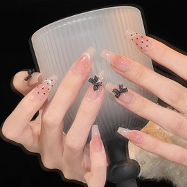 Pure Handmade Nails Press on Nail Reusable Fake Nails Black RhineStones Bling Bling Medium Stick on Nails French Tip False Nails 10pcs (M, Q322 NAILS)