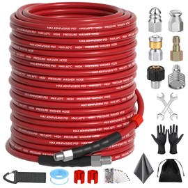 Sewer Jetter Kit 200FT for Pressure Washer, 5800 PSI Drain Cleaner Hose 1/4 Inch NPT with Spray Nozzle, Button Nose and Rotating Sewer Jetting Nozzle, Spanner Teflon Tape Pearl Corsage Pin