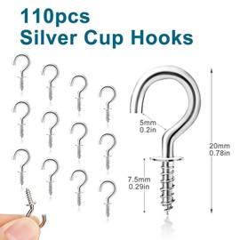 soodyoow Pack of 110 Small Screw Hooks, 1/2 Inch Hook Screw, Mini Hooks for Screws, Screw-in Hooks for Wood, Tea Cups, Keys, Hanging Plants, Art Decorations (Silver)