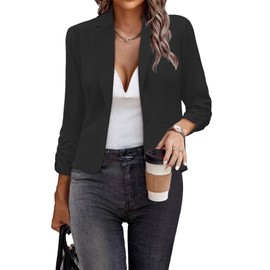 Women Blazers Casual Croppped Cardigan Lightweight 3/4 Sleeve Button Front Knit Blazer Jacket Open Front(Black,XL)