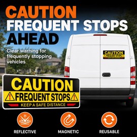 Reflective Caution This Vehicle Makes Frequent Stops Magnet Sign, 2Pcs Delivery Driver Magnetic for Car, 10x3.5 Inch Safety Warning Signs for Truck Van Fleet for Vehicles