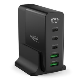 ANSMANN 5-Port USB Charger with up to 140 W/Power Delivery and Quick Charge 3.0 Charger with Intelligent Charging Control/Ideal for Smartphone, Tablet, Table Fan, LED Devices, etc.
