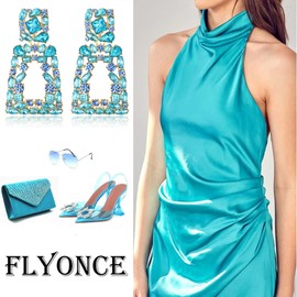 Flyonce Large Statement Drop Earrings for Women Boho Jewelry, Sparkle Rhinestone Crystal Geometric Rectangle Dangle Sea Blue