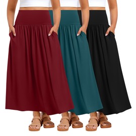 Ficerd 3 Pack Plus Size Maxi Long Skirts for Curvy Women, Ankle Length a Line Pleated High Waisted Summer Skirts with Pocket(Black, Lake Green, Dark Red,3X-Large)