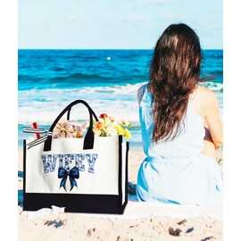 LNGORUS Coquette Bow Wifey Tote Bag for Women, Wifey Floral Toile Blue Water Color Tote Bag for New wife Engagement and Birthday, 17 x 11.8 x 7 Inches