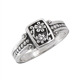 Oxidized Flower Daisy Vintage Beaded Ring .925 Sterling Silver Band Size 7