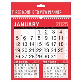 2025 Calendar Three Months to View Spiral Bound Wall Planner Red and Black Calender for Home Business Office School 1 January 2025 to 31 December 2025
