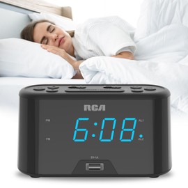 RCA RC571 Digital Alarm Clock Radio with Large Numbers and USB Charging, LED Display, Brightness Display, FM Radio with Presets, Dual Wake, Sleep Timer and Snooze Functions, Black