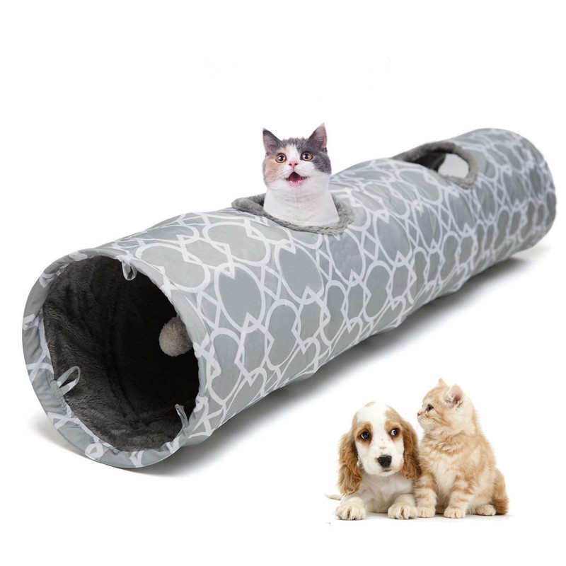 LUCKITTY Geometric Straight Cat Tunnel with Plush Inside,Cats Toys Collapsible