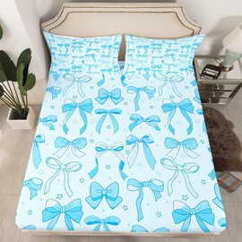 Feelyou Blue Bowknot Decoration Bed Sheets Queen Size for Girls Adults Watercolor Blue Bow Kids Kawaii Bedding Set Dreamy Princess Style Sheets Set with 2 Pillowcases