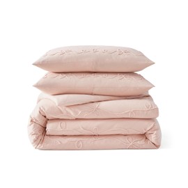 Peri Home Bow Bedding Duvet Cover Cottage Core Vintage Country 100% Cotton 3-Piece Set, Full/Queen, Blush Sasha Bows