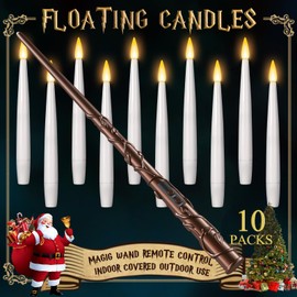 Floating Candles with Wand 10PCs - Magic Hanging Candles Christmas Decorations Flameless Taper Candles with Remote, Floating Lights Gifts for Window Home Bedroom Wedding Birthday Party Indoor Decor