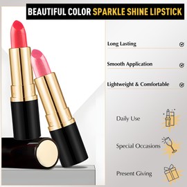 Wugbc Glitter Lipstick Purple Shimmer, Metallic Lip Stick Long Lasting Waterproof Pearl Diamond Cream Lipstick Makeup Sparkle High Pigmented Shine Moisturizing Lip Balm Non Stick Cup for Women