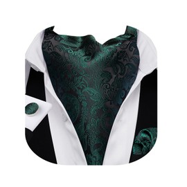 Barry.Wang Men Green Black Flower Ascot Cravat Tie with Pocket Square Paisley Jacquard Silk Woven Floral Necktie