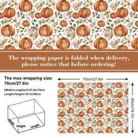 AnyDesign Fall Pumpkin Wrapping Paper Boho Floral Pumpkin Gift Wrap Paper Bulk Folded Flat Autumn Watercolor Flower Art Paper for Thanksgiving DIY Crafts Gift Wrapping, 19.7 x 27.6 Inch, 6 Sheet