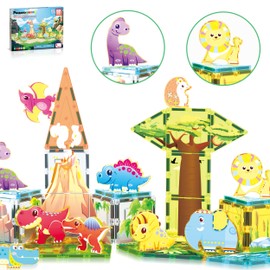 PicassoTiles Magnet Tiles Set Magnetic Building Blocks Safari Animals Dinosaur Theme with 16 Action Figure Construction Blocks STEM Toys Education Preschool Toy for Toddlers Boys Girls Ages 3+ PTQ28