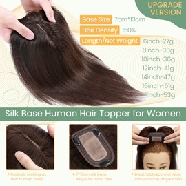 Hairro Clip in Hair Toppers with Bangs 100% Real Remy Human Hair 13 * 7cm Machine Made Hair Topper for Women Human Hair Extension for Thinning Hair Loss (14 Inch #2 Dark Brown)