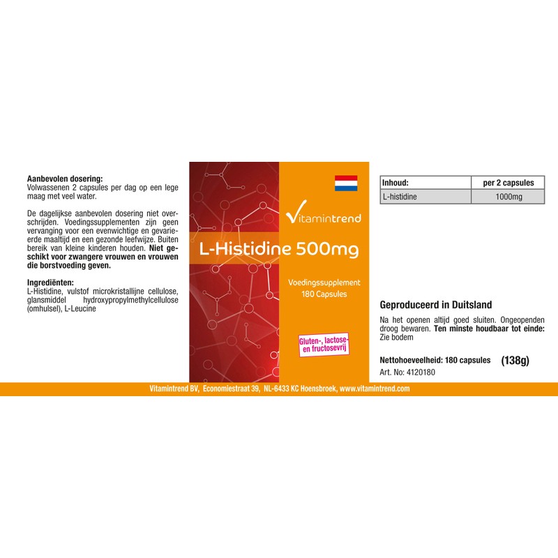 L-Histidine 500 mg - 180 Capsules - Vegan - High