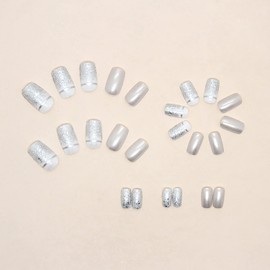 Silver Press on Nails Square Medium Length, Artificial Acrylic Fake Nails with Silver Powder Glitter Designs Full Cover Reusable Coffin False Nails Set Women Glue on Nails Stick on Nails for Nail Art