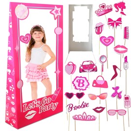 Hot Pink Life Size Photo Booth Box, 4.5 FT Tall Cardboard Cutout Prop Box with Fixed Bracket for Birthday Party, Photoshoot, Princess Doll Party Decorations, Let's Go Party Supplies for Girls, Kids