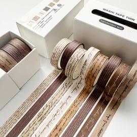 YUBX Vintage Washi Tape Set 8 Rolls Thin Retro Decorative Antique Patterns Masking Tapes for Arts, DIY Crafts, Journals, Planners, Scrapbook, Wrapping (Handwritten Text)