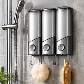Wall Mounted Shampoo and Conditioner Dispenser with Hooks, 3-Compartment Refillable Shower Soap Dispenser, No-Drill Bathroom Organizer for Shampoo, Conditioner and Body Wash