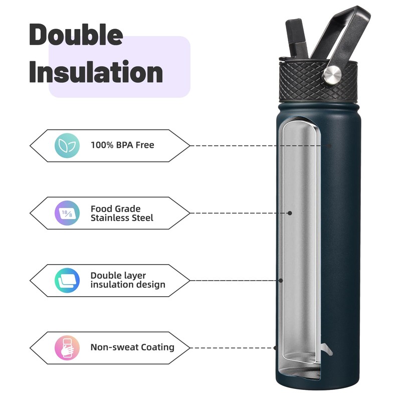 Konokyo Insulated Water Bottle 24oz Stainless Steel Sport Bottles with