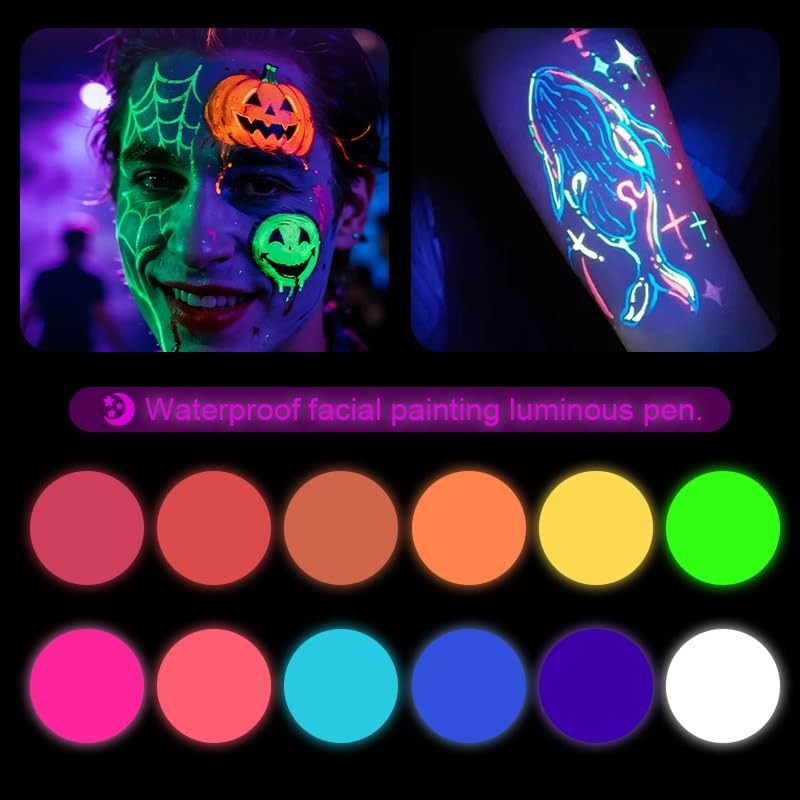 12 PCS Glow Face Body Paint, UV Neon Face Painting